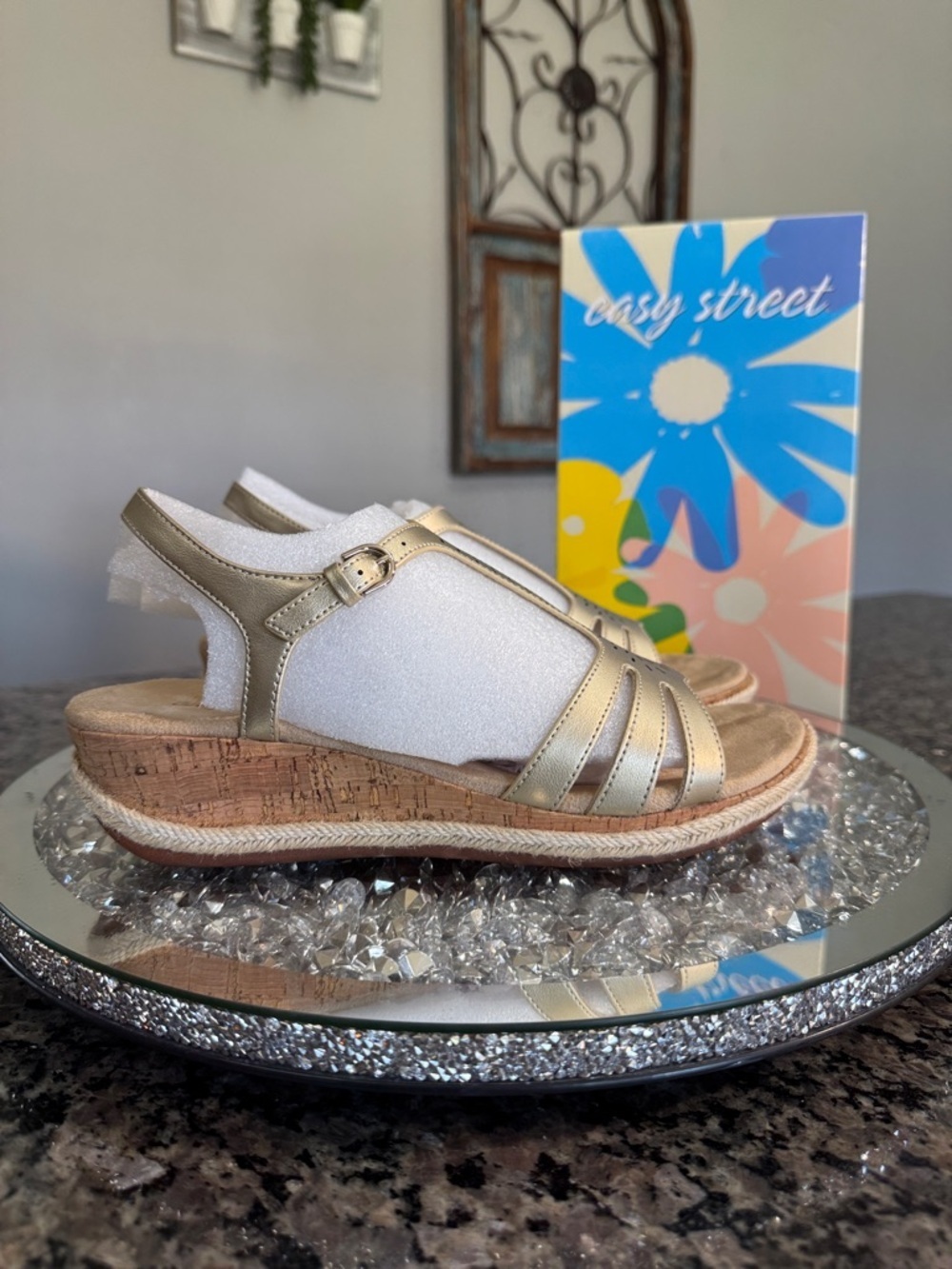 easy street Metallic Gold Cork Wedge Sandals